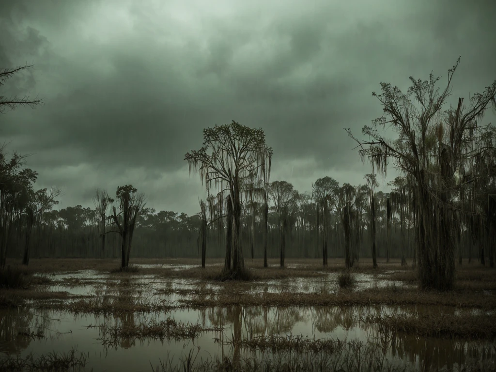 Swamp, gloomy atmosphere, deserted, surrounded by dead trees, muddy swamp, drizzling rain