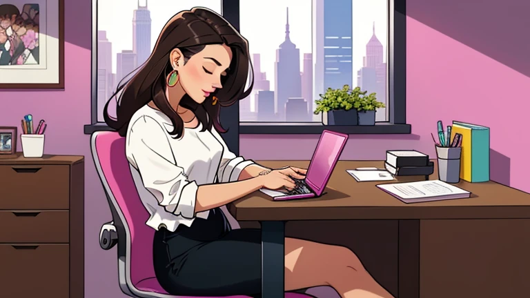 Beautiful dark-haired woman in her 30s sitting pink chair in an spacious and colorful office. looking down and closing her eyes, relaxed atmosphere, cozy, LOFI girl, alone in the room, white blouse, desk, documents, laptop, pen, watch, smartphone, stationery, wide glass window, only five fingers, New York, colorful, well-proportioned face, I can see skyscrapers outside the window, Colorful wall, pierced earrings, She is fashionable, ring, cabinet, In the background there are many desks and people, coffee