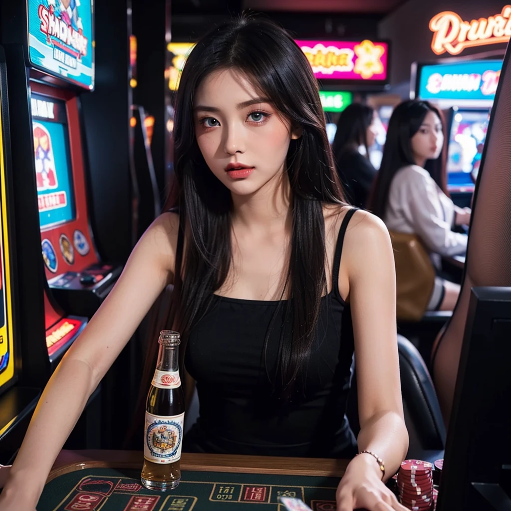 ((24 year old)),masterpiece,8K,masutepiece,Best Quality, Extremely detailed, Best Quality++, Ultra-detailed+, Dynamic Angle,High resolution,(Beautiful Woman 1.3),(Milk 2.3),(Beautiful ombre hair 1.1),Long hair,Shiny hair,Light green eyes,(((Beautiful gal makeup))),slender,(Beautiful princess_Cut 1.5),(Sharp Body 2.0),drooping eyes,grievances,envy,Straight hair, ((bunny girl1.3)), arcade games, gambling hall, playing games, large group of gamers, handing out alcohol, holding alcohol in hand