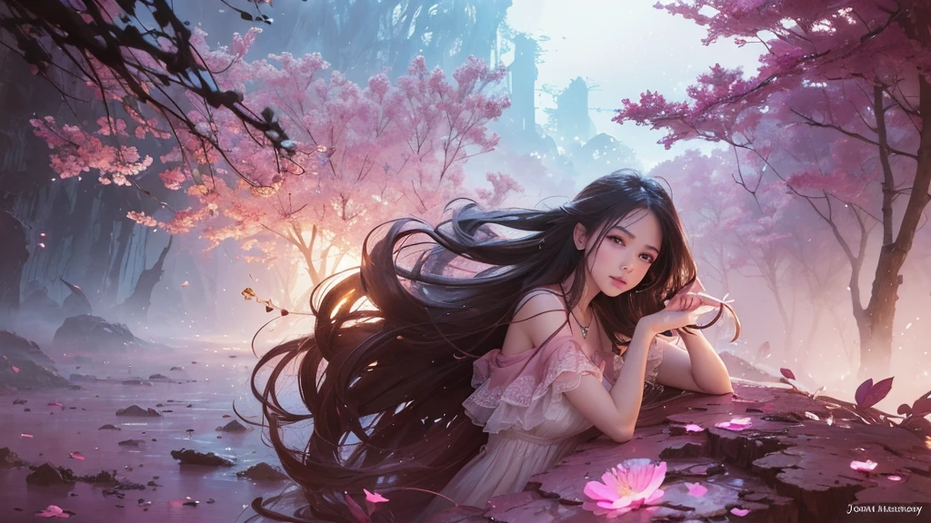 32k, Masterpiece, Highest quality, One girl, Detailed eyes, flower,Sandersonia, Pink and brown style,A dreamy, romantic piece,Pale pink, Mysterious Leaves,A playful arrangement,Fantasy,High Contrast,Ink strokes,explosion,Exposure, Impression of pink and brown tones,Abstract,((Watercolours by John Berkey and Jeremy Mann )) Brush strokes,Negative Space, Tyndall effect,