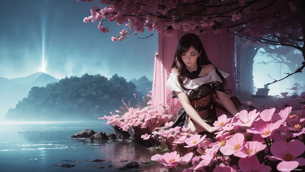 32k, Masterpiece, Highest quality, One girl, Detailed eyes, flower,Sandersonia, Pink and brown style,A dreamy, romantic piece,Pale pink, Mysterious Leaves,A playful arrangement,Fantasy,High Contrast,Ink strokes,explosion,Exposure, Impression of pink and brown tones,Abstract,((Watercolours by John Berkey and Jeremy Mann )) Brush strokes,Negative Space, Tyndall effect,
