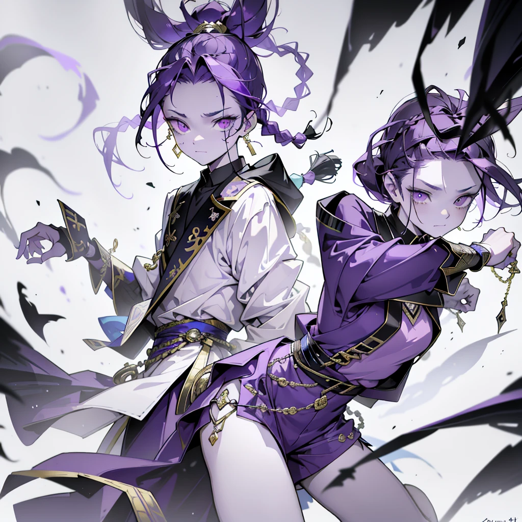 cheerful boy with open forehead. dark purple hair braided in a ponytail on the left side to one side. sinuous black horns wrapped in dark purple ribbon. pale violet eyes. in short dark purple shorts. long white T-shirt. dark purple knee-high socks. a white long robe with a hood flutters in the wind. black ancient stone walls of the castle purple light from lamps with gold ornaments