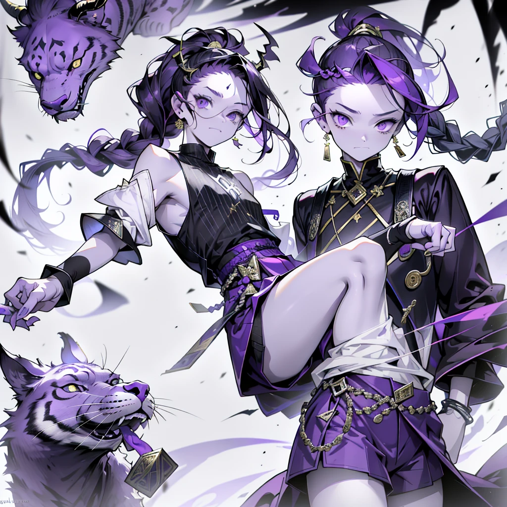 cheerful boy with open forehead. dark purple hair braided in a ponytail on the left side to one side. sinuous black horns wrapped in dark purple ribbon. pale violet eyes. in short dark purple shorts. long white T-shirt. dark purple knee-high socks. a white long robe with a hood flutters in the wind. black ancient stone walls of the castle purple light from lamps with gold ornaments