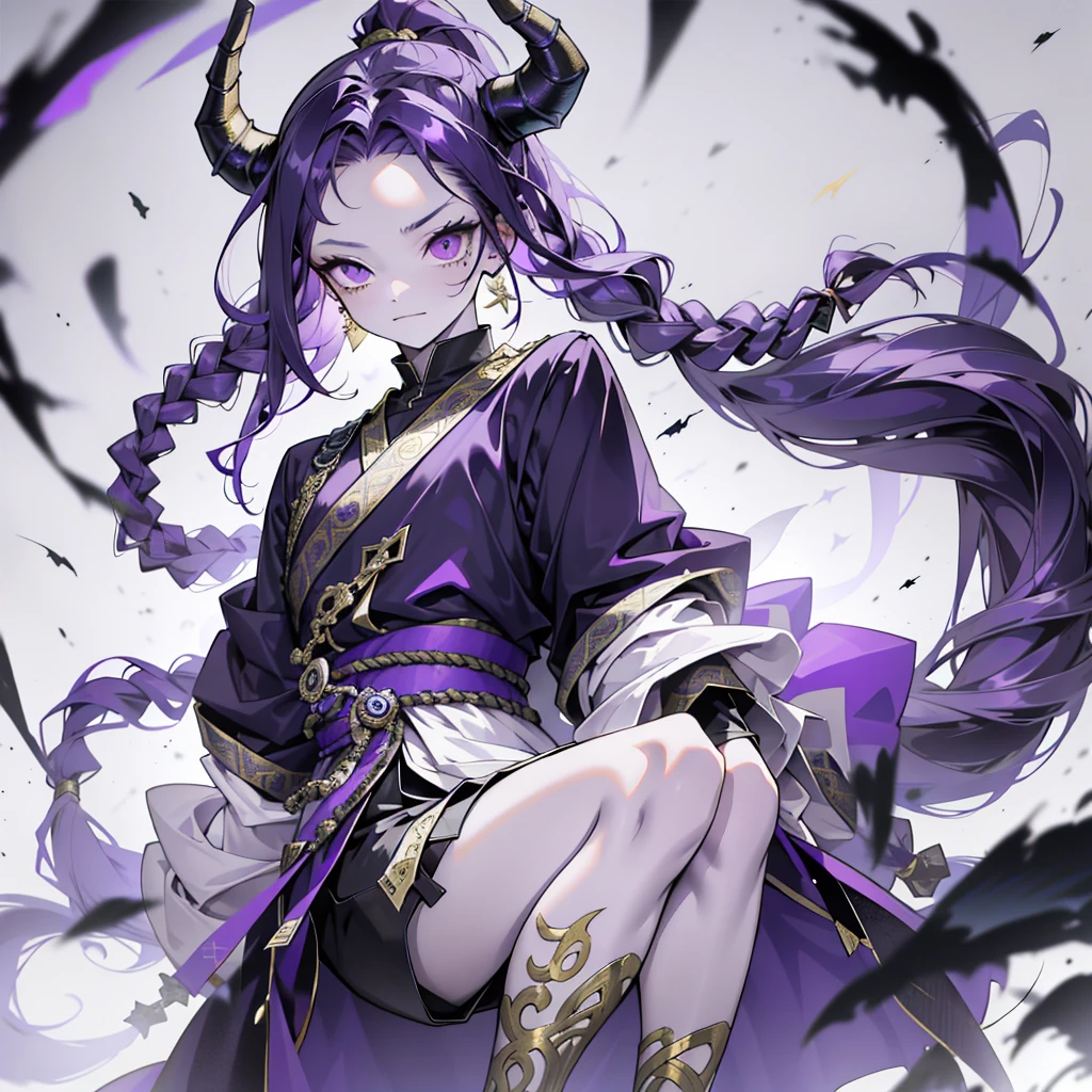 cheerful boy with open forehead. dark purple hair braided in a ponytail on the left side to one side. sinuous black horns wrapped in dark purple ribbon. pale violet eyes. in short dark purple shorts. long white T-shirt. dark purple knee-high socks. a white long robe with a hood flutters in the wind. black ancient stone walls of the castle purple light from lamps with gold ornaments
