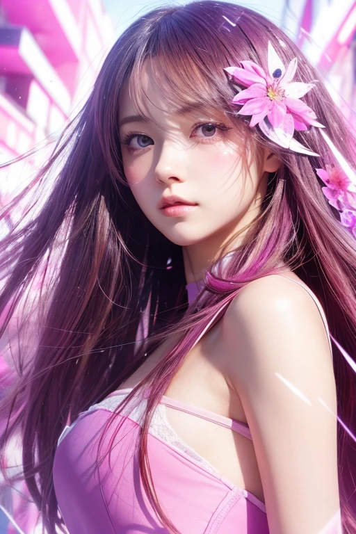 (anime),(cute)(masterpiece), (Highest quality),One girl,Upper Body,(Double exposure:1.2),(Simple Background:1),Bold、clear、PINK-PURPLE、 (Movie angle),(Dynamic Angle),Disheveled long hair,(Low contrast),(Flat Color:0.7)