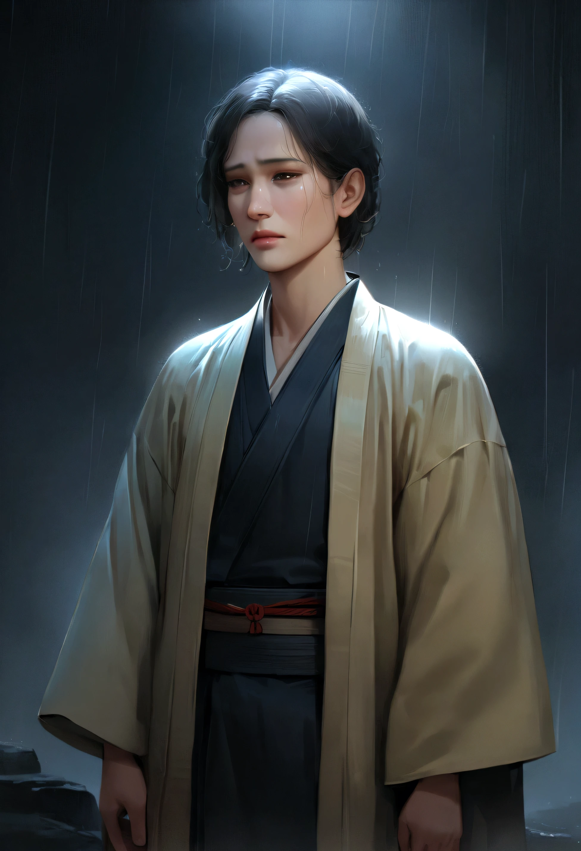 (highres, realistic, 4k, ultra-detailed, masterpiece:1.2),cowboy shot (no hat:1.5), 1 boy, glowing green eyes, black hair, ((bob hair)), KImono, Japanese clothes, fox mask, ((in the night)), rainy sky, dramatic lighting, silent lonliness, vivid colors, enchanting beauty, sad, depressed, longer hair, onnagata.