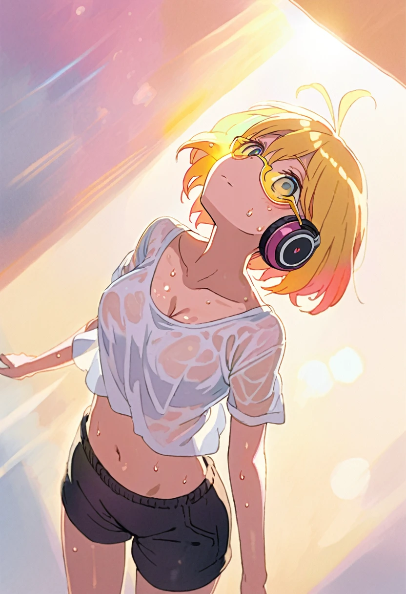 (watercolor:0.7), (pastel color:1.1), (pencil drawing:0.4), (beautiful and detailed face:1.1), kawaii girl, mid-summer, super hot day, sweaty, wet, (beautiful see through white T-shirt), sweat skin, black shorts, (super very short hair:1.3), (yellow glasses:1.3), underrim_metal, headphones, medium breasts, clavicle, cleavage, midriff, music_wave floating in the air, Intense sunlight, piercing sunlight, heat haze, lazy expression, dramatic lighting, lens flare, light diffusion, looking up, instreet, (wipe the sweat:1.2)