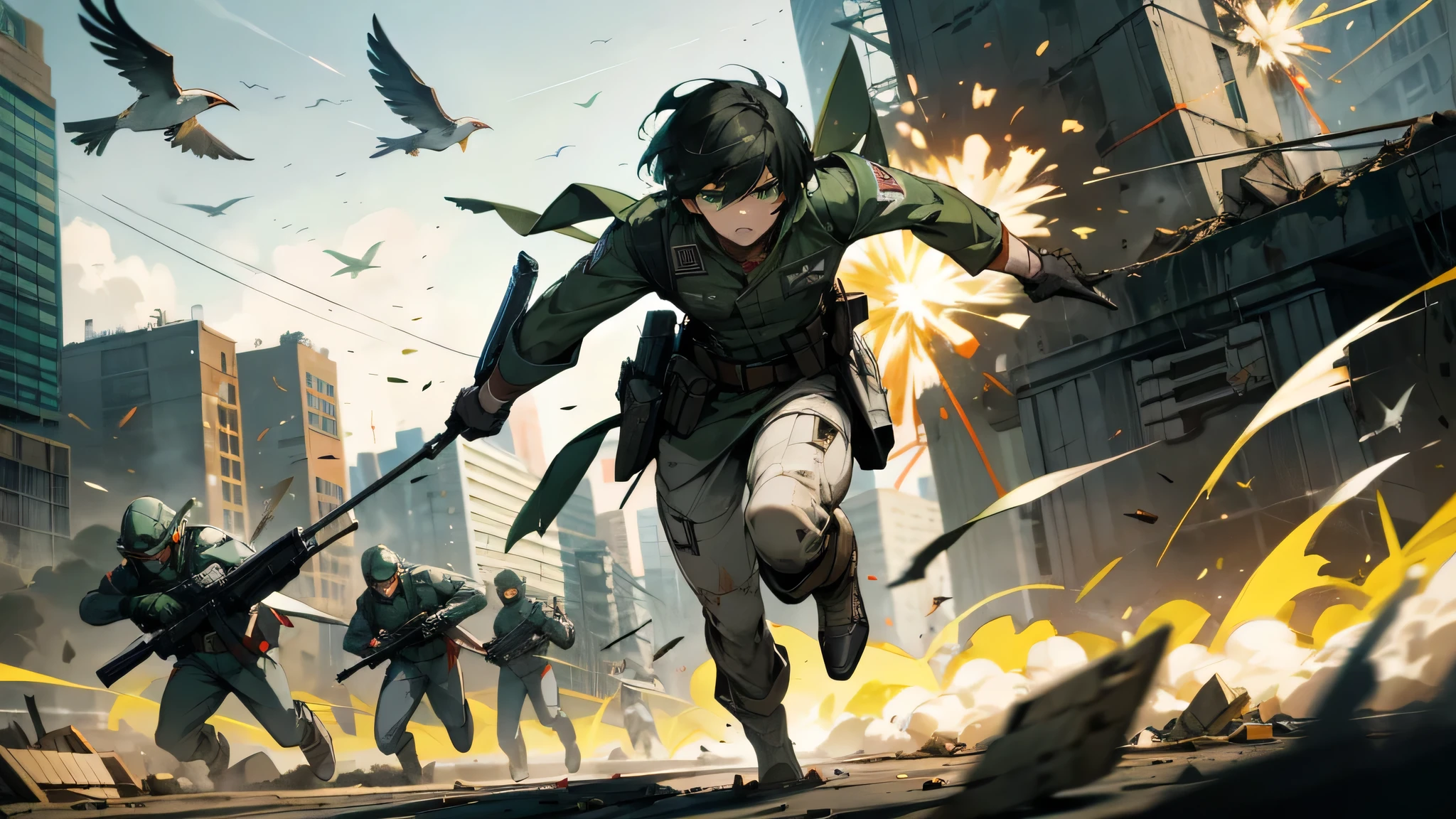 1men, short black hair, green eyes, wearing american soldier uniform, guns, shooting, running, bird, explosions, war torn city, daylight, absurdres, high res, ultrasharp, 8K, masterpiece, looking at viewer