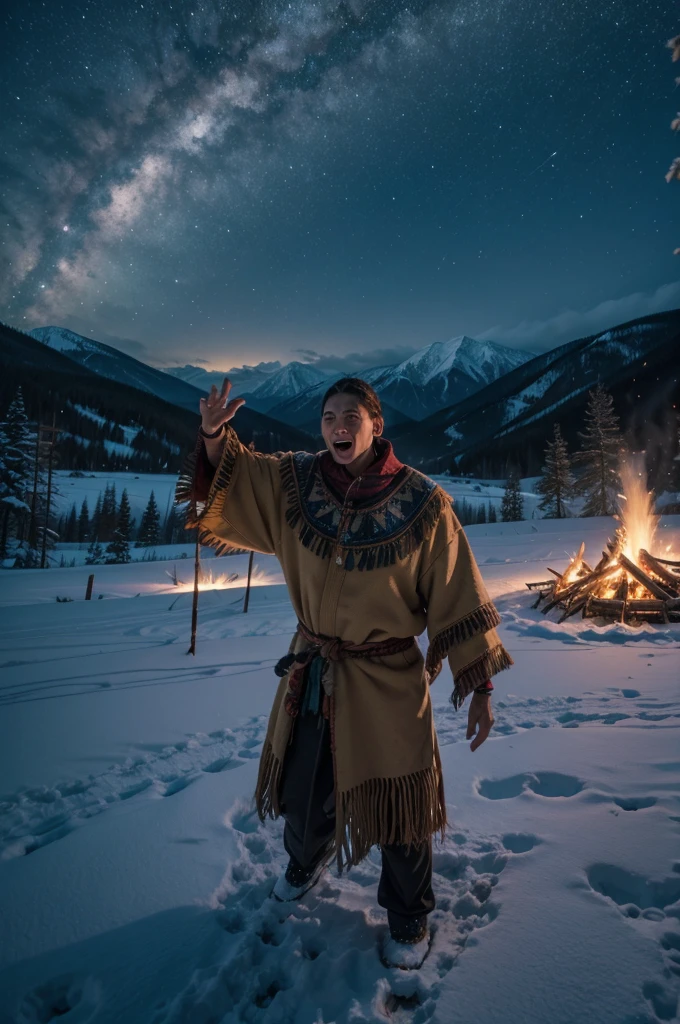 Shaman dancing around big bonfire in the mountains in light blizzard, Bison, Eagle, rapid river