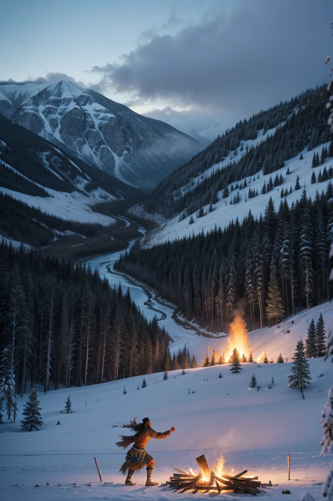 Shaman dancing around big bonfire in the mountains in light blizzard, Bison, Eagle, rapid river