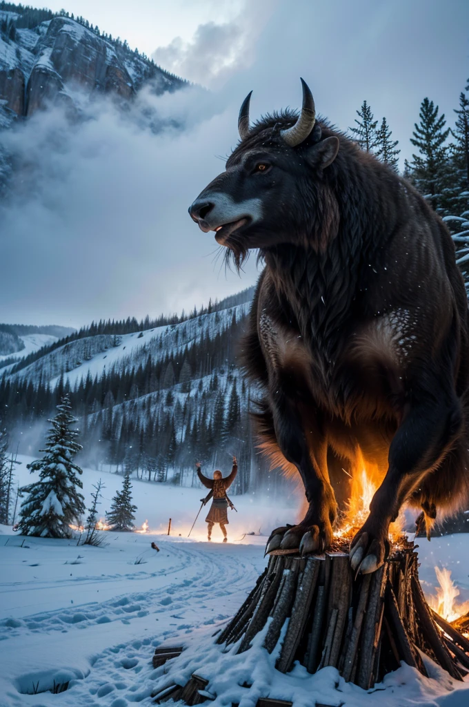 Shaman dancing around big bonfire in the mountains in light blizzard, Bison, Eagle, rapid river