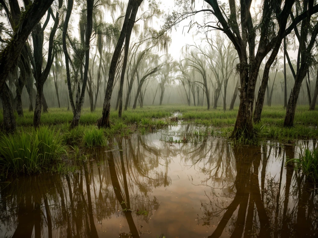 Swamp, gloomy atmosphere, no one around, muddy swamp, drizzling rain, rich nature