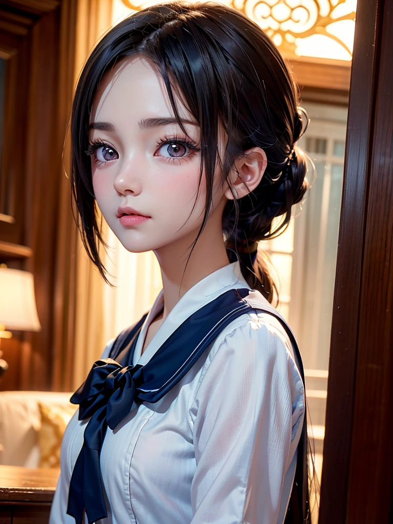 One Girl,(1人のとてもcute女の子:1.3),masterpiece,Highest quality,High resolution,Photorealistic,RAW Photos,Ray Tracing,beautiful girl,(15 years old:1.3),cute,Big eyes,(detailed pupils:1.2),(The face is facing straight ahead:1.3),Body facing forward,Beautiful nose,Fuller lips,Short black hair,ponytail,short hair,Detailed eyelashes,Thin eyebrows,Very fine grain definition,(Symmetrical eyes:1.3),(Face close-up,Face Focus:1.0),Small breasts,White and navy blue sailor suit,uniform,grassland,Blue sky and white clouds,Portrait,View Viewer,From below,Cinema Lighting,High resolution,Very detailed