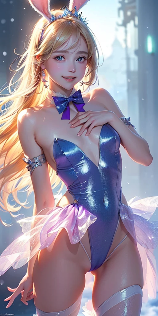masterpiece, best quality, extremely detailed CG unity 8k wallpaper,((Upper Body)) ,((Upper Body head close-up shot of a beautiful  girl)), , Elegant Long straight blonde hair, (Mckenna Grace), ((flat chest,thighs,Autoluminescence skin)), (Purple-blue) golden (Glittering tutu,long Bunny Ear Headgear, , Bow-tie, No panties, genitals visible), ((spread legs)),(), (Blush), , (seductive smile), (A world of ice and snow), pretty face, key art, award winning, intricate detail realism hdr, by (ruan jia and artgerm and range murata), Photorealism, Hyperrealism, ultra realistic, dramatic light, intense shadows, gorgeous view, depth of field