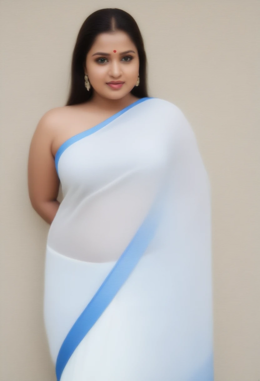 Indian bbw cute model 35 years old marriage women life like, high - resolution bbw women with a perfect figure Super fine face and eyes, slong hair, small Tank top White Colour saree, blue Colour Border Saree, Wearing a traditional saree, bulky figure, huge big extra large and , full chubby body, looking front, fair complexion, pond backgrounds. Hung breast, Plus size chubby model, 4k, 8k,.