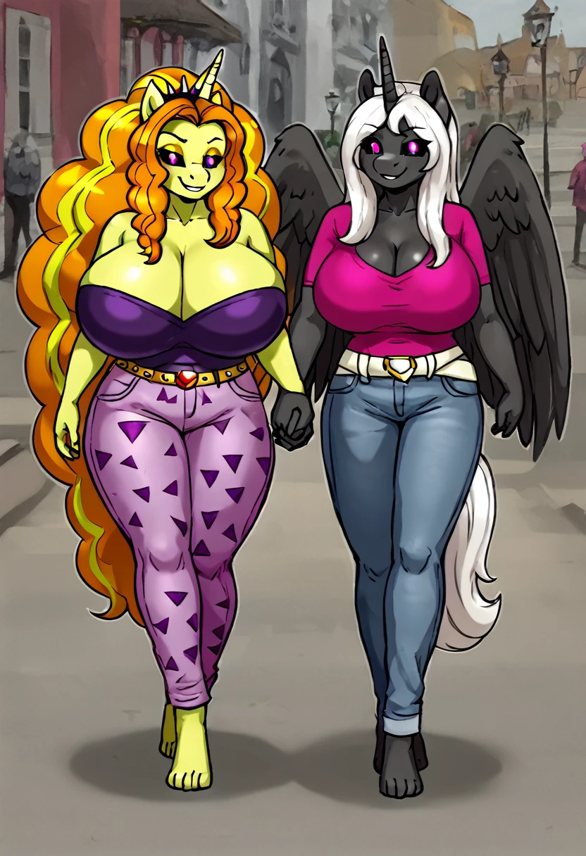 Alicorn princess and Adagio Dazzle , white mane,black sclera ,black body color long flowing mane pink eyes anthro huge breasts smiling ,clothing ,jeans lesbians holding arms, love couple , walking together trough park