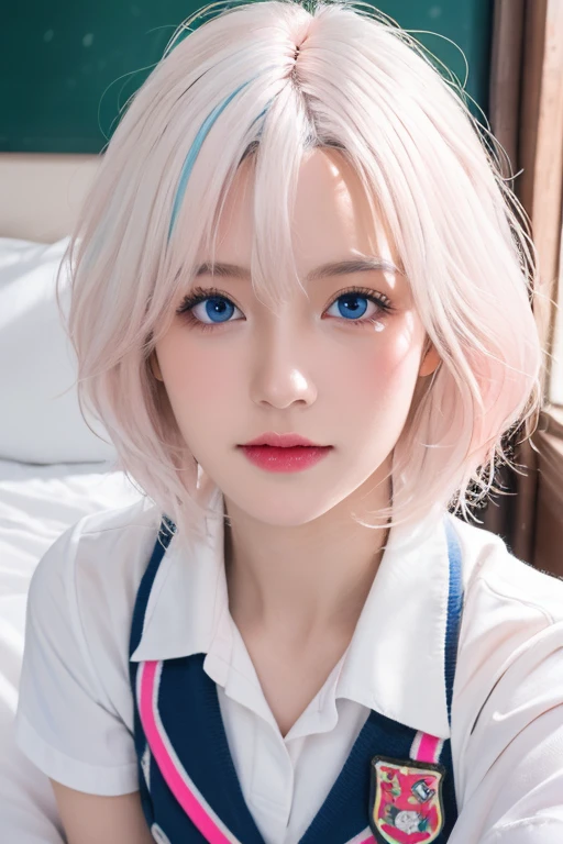 (masterpiece), (high quality), (8k resolution), (RAW photo), (best quality), (masterpiece:1.5), (realistic:1.5), ((photo realistic)), vibrant details, hyper realistic,1girl, (cute:1.2), beautiful, high-quality and detailed face, perfect face, (white hair And light pink hair:1.4), rosy cheeks, detailed eyes, (blue eyes),colorful eyes,(watery eyes),nsfw,, slender body, looking at viewer, closed mouth, real human skin, shiny skin, mid breasts, ((school uniform)), sitting, bed,