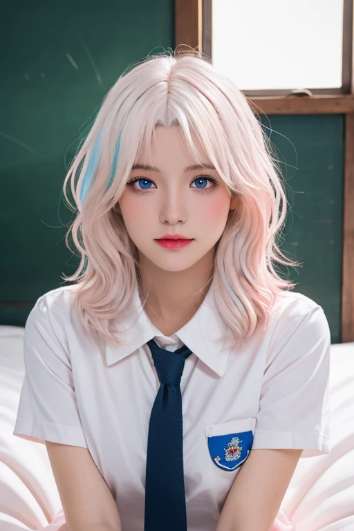 (masterpiece), (high quality), (8k resolution), (RAW photo), (best quality), (masterpiece:1.5), (realistic:1.5), ((photo realistic)), vibrant details, hyper realistic,1girl, (cute:1.2), beautiful, high-quality and detailed face, perfect face, (white hair And light pink hair:1.4), rosy cheeks, detailed eyes, (blue eyes),colorful eyes,(watery eyes),nsfw,, slender body, looking at viewer, closed mouth, real human skin, shiny skin, mid breasts, ((school uniform)), sitting, bed,