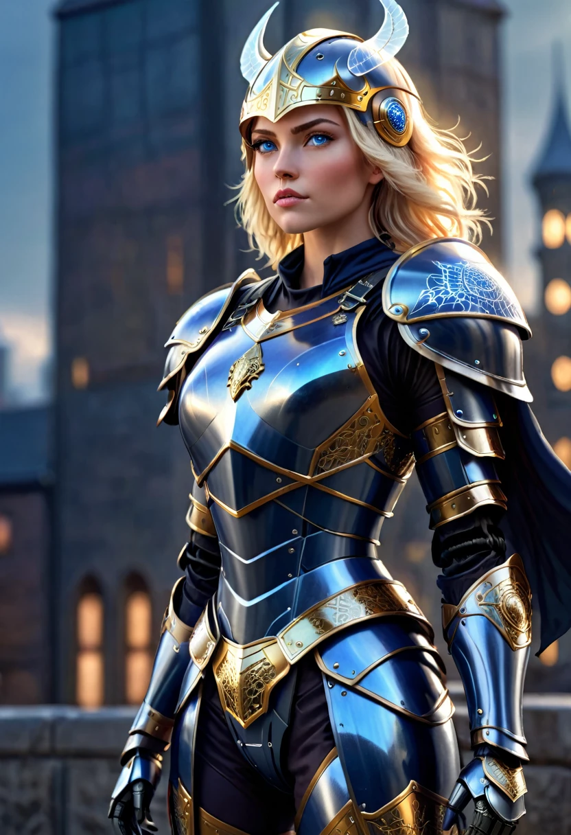comic book style, illustration of A blonde woman, blue eyes, pretty face, full face. medium length straight hair over one shoulder. she wears shiny dark blue armor with gold trim, hex pattern on armor, intricate runes carved on armor, reflective surface, and a (Viking helmet with wings on the side:1.3), deep vneck, exposed cleavage, bikini armor, intricate details, armored glove. she stands straight backed, hands on hips. a stern expression on her face. city background. emphasize her powerful stance and command of lightning. (highres:1.3) (4k,8k,best quality, masterpiece)