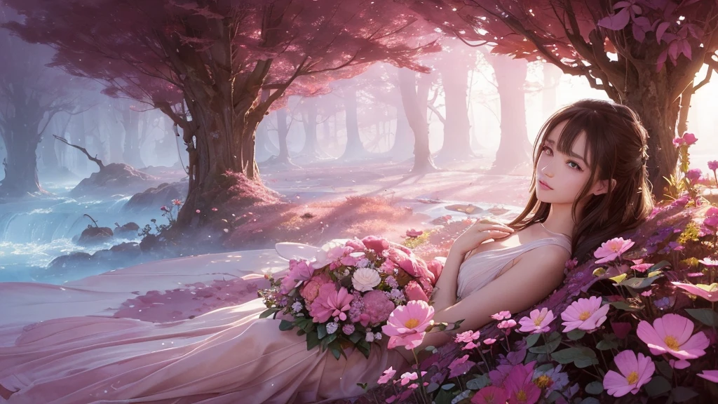 32k, Masterpiece, Highest quality, One girl, Detailed eyes, flower,Sandersonia, Pink and brown style,A dreamy, romantic piece,Pale pink, Mysterious Leaves,A playful arrangement,Fantasy,High Contrast,Ink strokes,explosion,Exposure, Impression of pink and brown tones,Abstract,((Watercolours by John Berkey and Jeremy Mann )) Brush strokes,Negative Space, Tyndall effect,