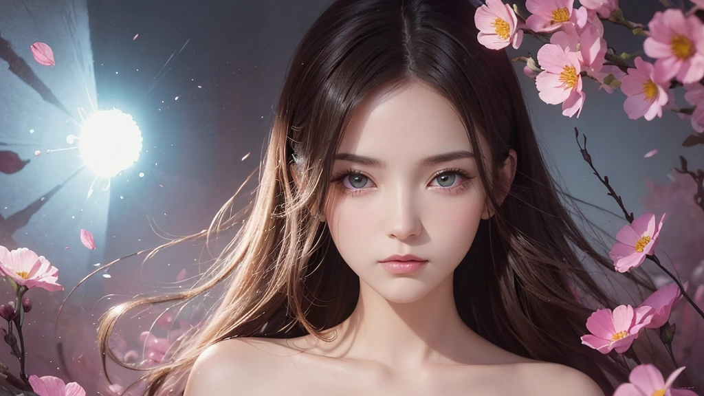 32k, Masterpiece, Highest quality, One girl, Detailed eyes, flower,Sandersonia, Pink and brown style,A dreamy, romantic piece,Pale pink, Mysterious Leaves,A playful arrangement,Fantasy,High Contrast,Ink strokes,explosion,Exposure, Impression of pink and brown tones,Abstract,((Watercolours by John Berkey and Jeremy Mann )) Brush strokes,Negative Space, Tyndall effect,