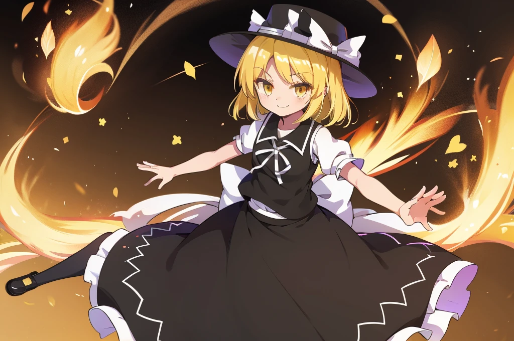 1girl, , , masterpiece, best quality, 10 years old, medium blonde hair, forehead visible bags, yellow eyes, hat, heart, black headwear, puffy short sleeves, log black skirt, heart hads,,1girl, solo, yellow eyes, yellow hair, bow, hat bow, socks, black footwear, black skirt, short sleeves, yuki (touhou), black vest, white sleeves, frill skirt, light smile