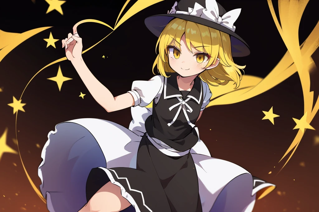 1girl, , , masterpiece, best quality, 10 years old, medium blonde hair, forehead visible bags, yellow eyes, hat, heart, black headwear, puffy short sleeves, log black skirt, heart hads,,1girl, solo, yellow eyes, yellow hair, bow, hat bow, socks, black footwear, black skirt, short sleeves, yuki (touhou), black vest, white sleeves, frill skirt, light smile