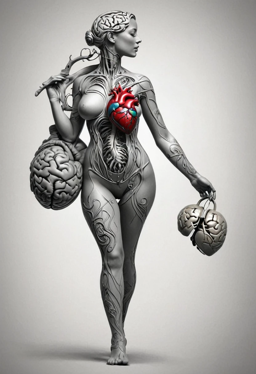 Create a tattoo design of a human figure in profile, walking and carrying an anatomical heart in one hand and a brain in the other. The phrase &#39;I&#39;m doing everything I can&#39; can be written along the path that the figure takes, with fine lines that highlight the journey of effort and perseverance."