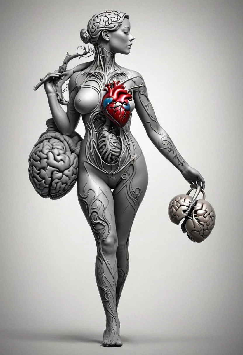 Create a tattoo design of a human figure in profile, walking and carrying an anatomical heart in one hand and a brain in the other. The phrase 'I'm doing everything I can' can be written along the path that the figure takes, with fine lines that highlight the journey of effort and perseverance."