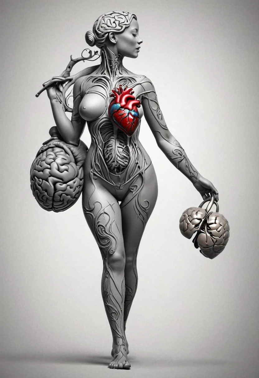 Create a tattoo design of a human figure in profile, walking and carrying an anatomical heart in one hand and a brain in the other. The phrase 'I'm doing everything I can' can be written along the path that the figure takes, with fine lines that highlight the journey of effort and perseverance."