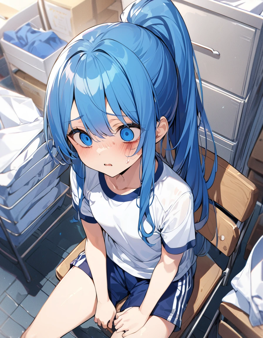 1girl,19 years old,blue-long-hair,high-ponytail,blue-eyes,(tall-stature:1.2),flat-chest,empty-eyes,anguish,school-gym-shirt,blue_track-pants,sitting on a chair,in laundry,from_above,