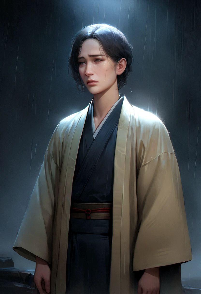 (highres, realistic, 4k, ultra-detailed, masterpiece:1.2),cowboy shot (no hat:1.5), 1 boy, glowing green eyes, black hair, ((bob hair)), KImono, Japanese clothes, fox mask, ((in the night)), rainy sky, dramatic lighting, silent lonliness, vivid colors, enchanting beauty, sad, depressed, longer hair, onnagata. Beaten up, damage