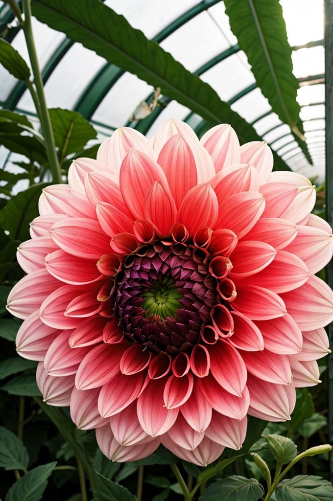 A dahlia flower in a greenhouse reflecting the rays