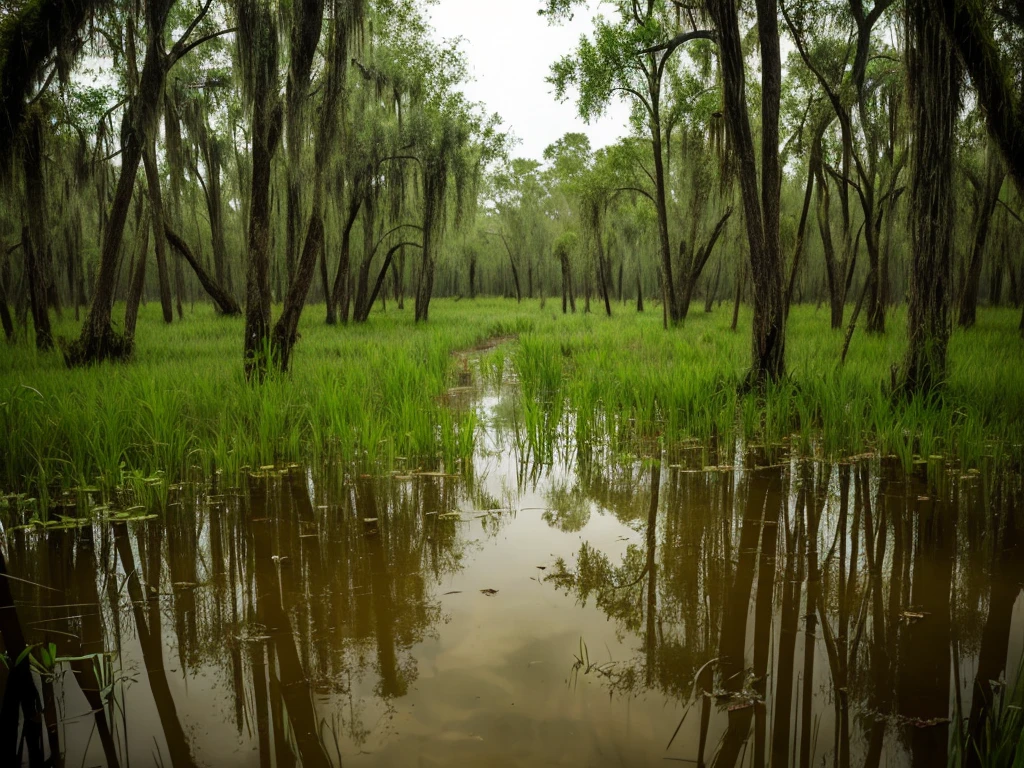 Swamp, gloomy atmosphere, deserted, muddy swamp, drizzling rain, green