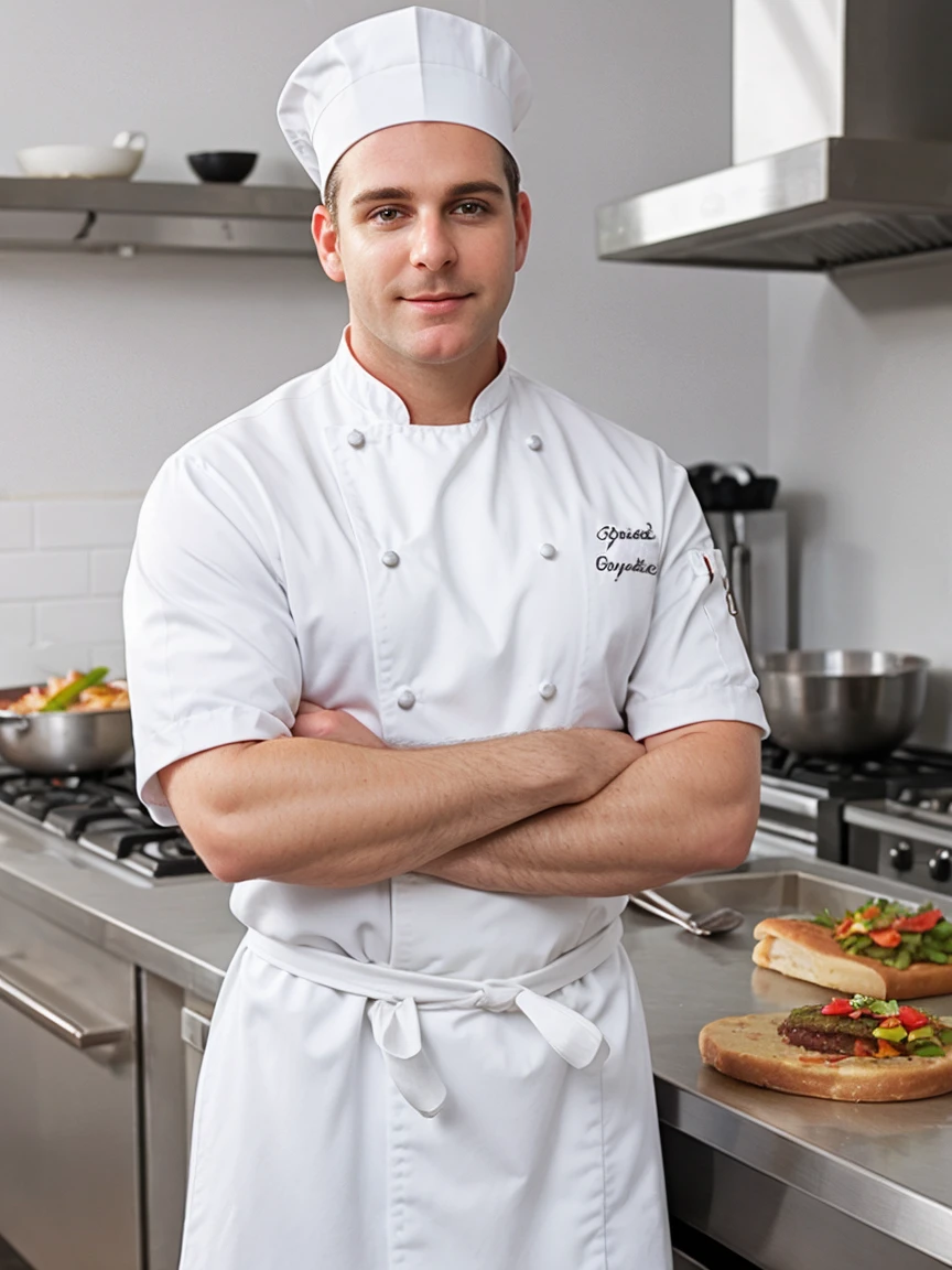Chef's hands placing hamburger on a white tray, ready to serve.
