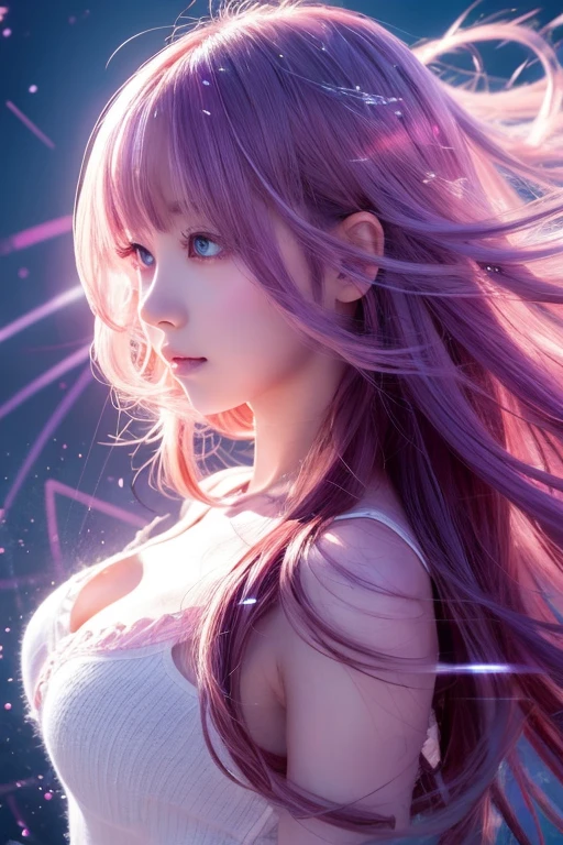 (anime),(cute)(masterpiece), (Highest quality),One girl,Upper Body,(Double exposure:1.2),(Simple Background:1),Bold、clear、PINK-PURPLE、 (Movie angle),(Dynamic Angle),Disheveled long hair,(Low contrast),(Flat Color:0.7)