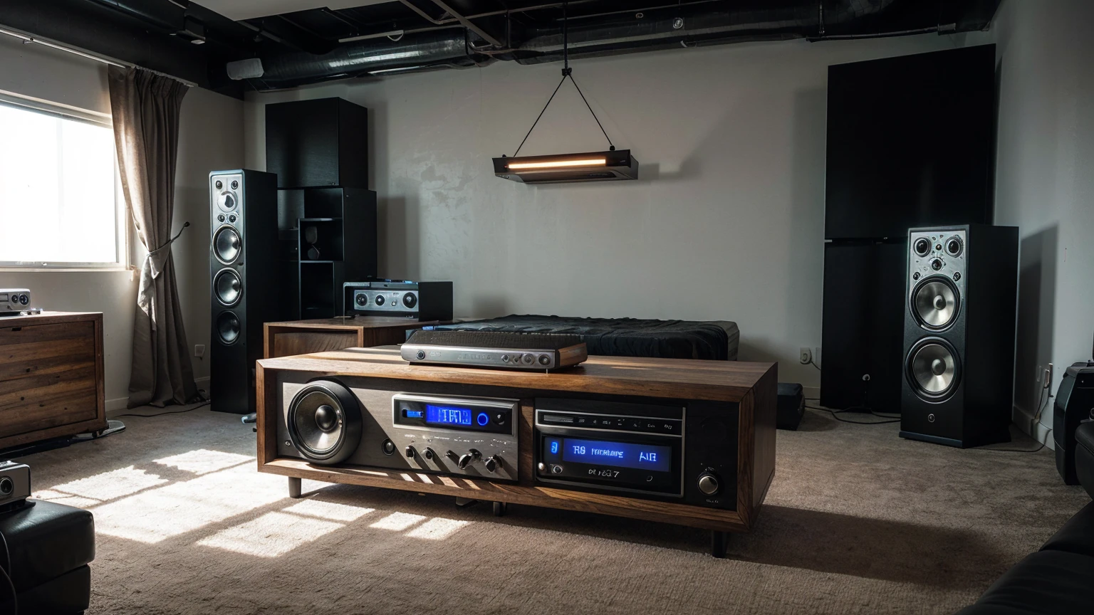 A long, horizontal, ultra-realistic stereo with a lit radio tuning display, with two speakers on the sides. In a modern and futuristic studio
