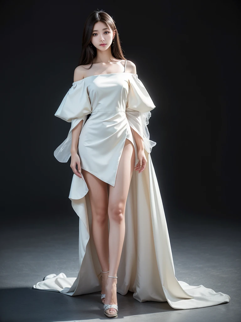 Photo session、Light background、Off-the-shoulder dress、Standing posture、(Highest quality)), (Very detailed), ((Very detailed)), 4K, (8K), Highest quality, One person,Kind Face、Soft Light、RAW quality、Soft Skin、Heel、Thighs、163cm