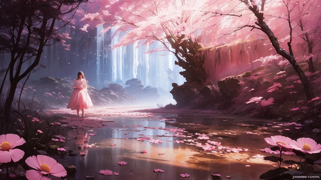 32k, Masterpiece, Highest quality, One girl, Detailed eyes, flower,Sandersonia, Pink and brown style,A dreamy, romantic piece,Pale pink, Mysterious Leaves,A playful arrangement,Fantasy,High Contrast,Ink strokes,explosion,Exposure, Impression of pink and brown tones,Abstract,((Watercolours by John Berkey and Jeremy Mann )) Brush strokes,Negative Space, Tyndall effect,