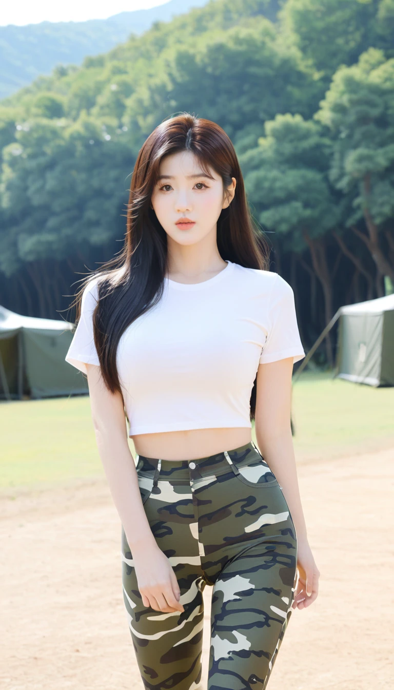 close-up of beautiful South Korean, Jang Eunbi is a South Korean video creator and model, youthful face, perfect body, white body skin, sexy looking pose, very long hair, black hair, straight hair, 36 inches breasts size, wearing a tight plain white short-sleeved t-shirt, wearing a tight camouflage legging pants, at the military training camp, military training camp background, UHD