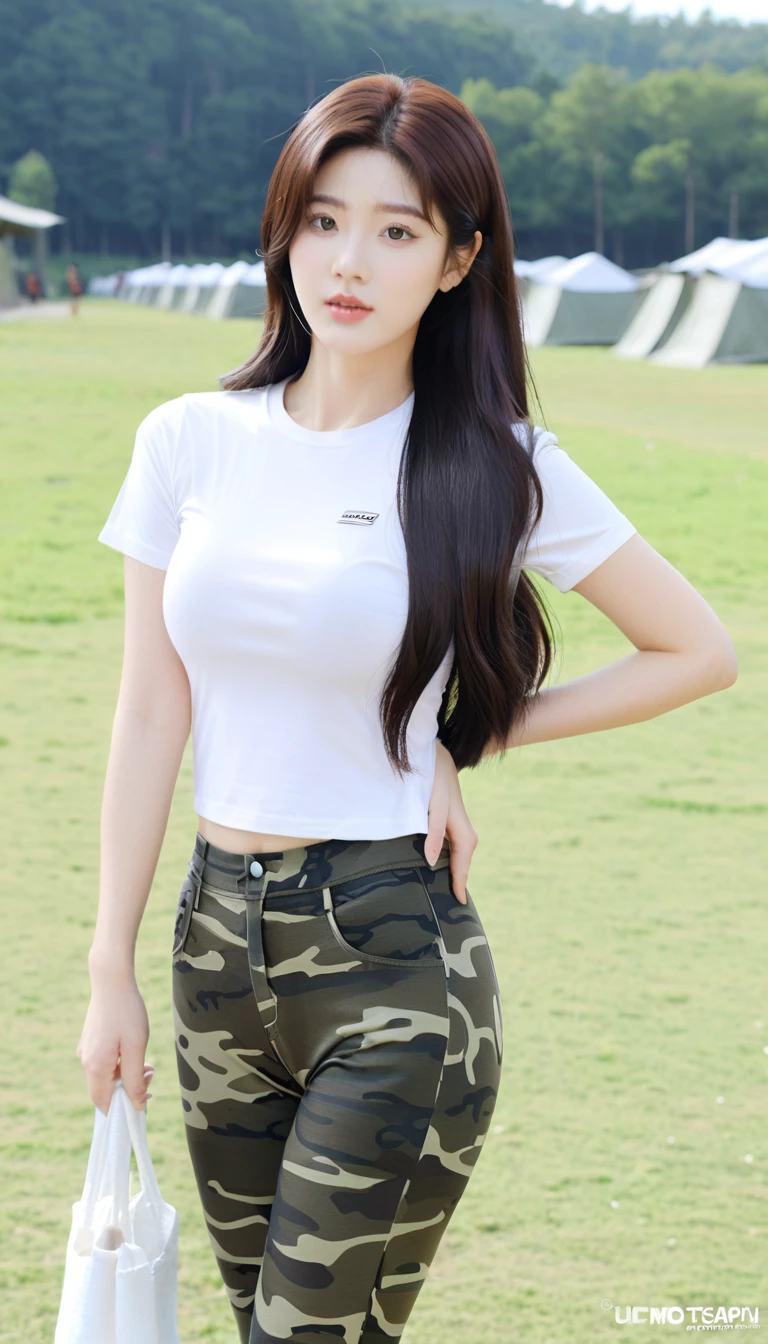 close-up of beautiful South Korean, Jang Eunbi is a South Korean video creator and model, youthful face, perfect body, white body skin, sexy looking pose, very long hair, black hair, straight hair, 36 inches breasts size, wearing a tight plain white short-sleeved t-shirt, wearing a tight camouflage legging pants, at the military training camp, military training camp background, UHD