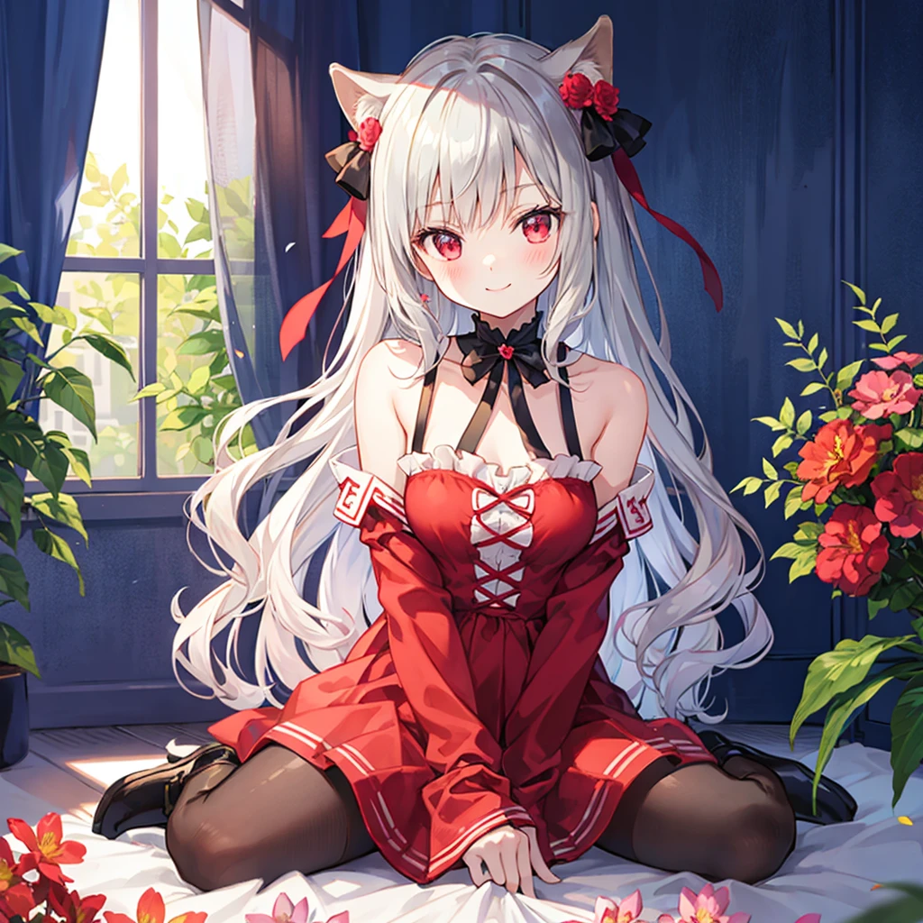 Wavy gray hair、red eyes、bow ribbon、Beautiful girl alone、red blush、Fluffy clothes、off shoulders、Black tights、Surrounded by flowers、Western-style room、Sitting on the floor、A smile、