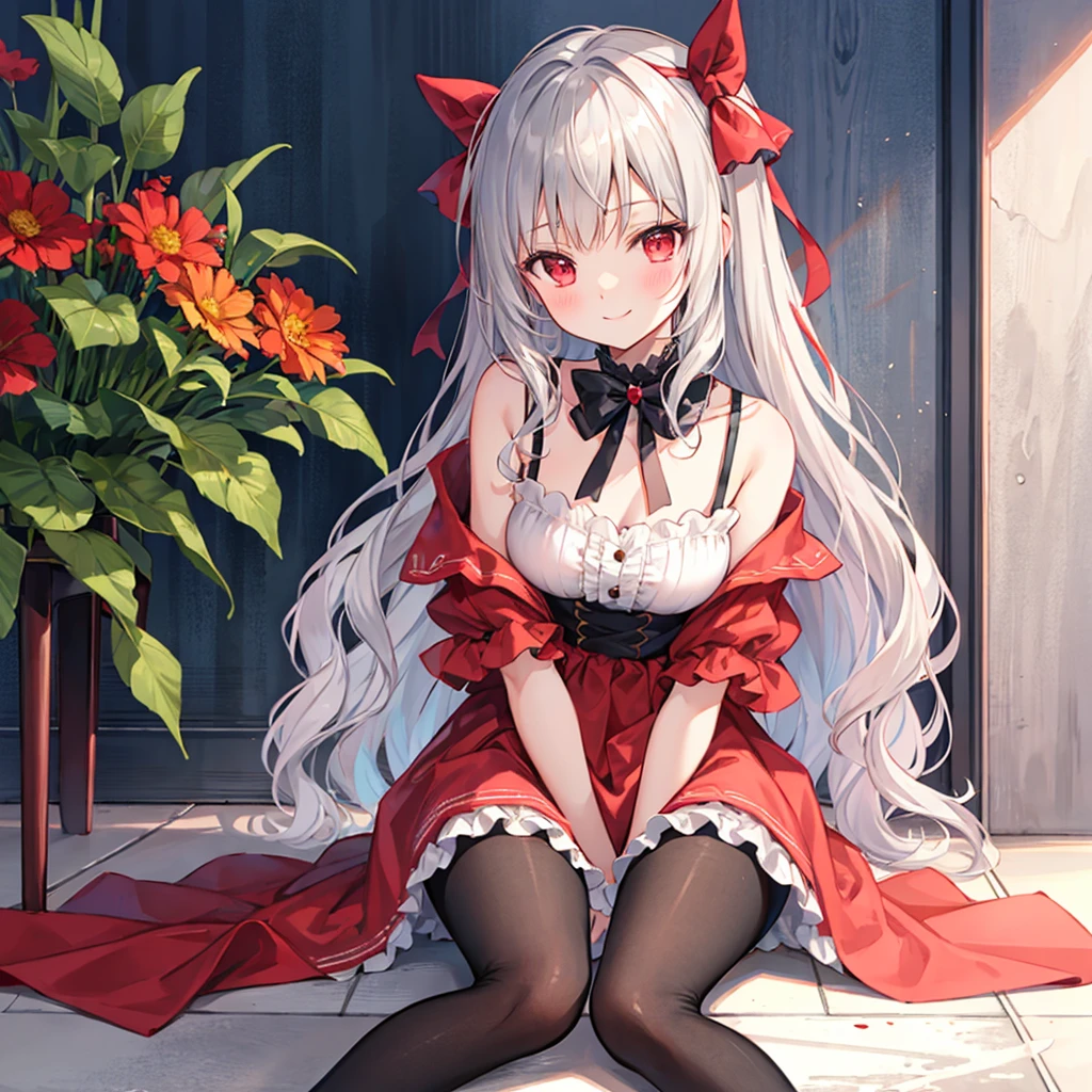 Wavy gray hair、red eyes、bow ribbon、Beautiful girl alone、red blush、Fluffy clothes、off shoulders、Black tights、Surrounded by flowers、Western-style room、Sitting on the floor、A smile、