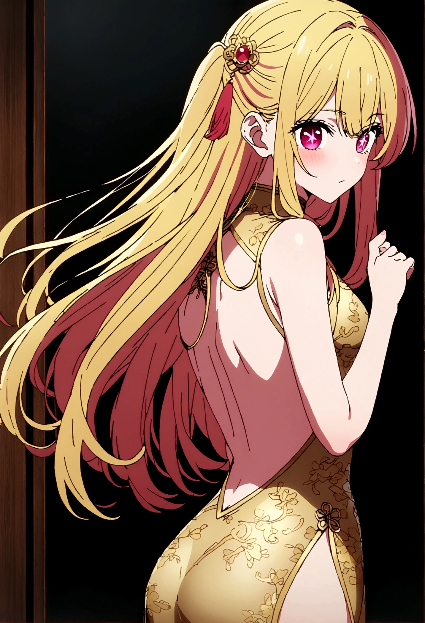 china dress, gold decoration dress, hoshinoruby, star-shaped pupils, ruby_hoshino, blonde hair, bangs, 1girl, pink eyes, long hair, cowboy shot, masterpiece, high quality, 8K, high resolution, extremely detailed CG, (illustration:0.8), backless,