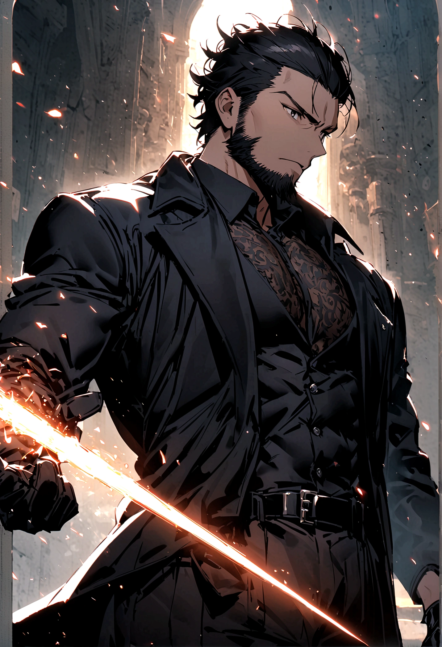 masculine man, high , muscular , with full black suit and open black trench coat , short black hair combed back and black eyes , black belt and black gloves ,Delgado , black beard