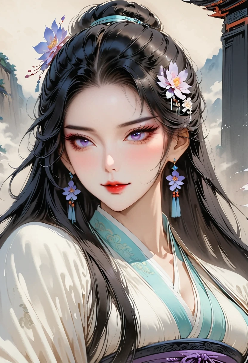 (masterpiece, best quality:1.2), 1 woman, Hanfu, (Dress conservatively:1.3), (delicate and beautiful face:1.8), mature, laugh, black hair, hairpin, purple eyes, seat, beautiful bridge, (ink stain) beautiful portrait, clothing ink style, traditional china painting, ink bismuth, from below, masterpiece, high details,