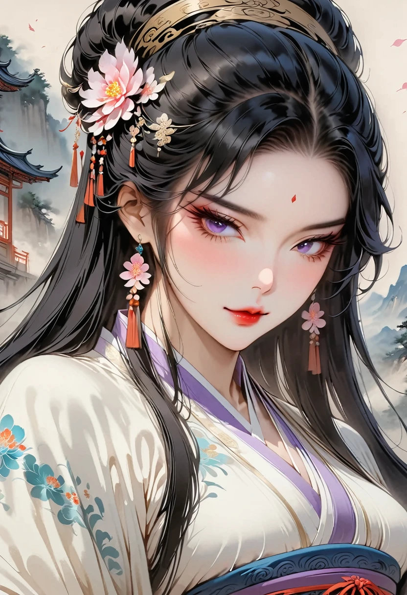 (masterpiece, best quality:1.2), 1 woman, Hanfu, (Dress conservatively:1.3), (delicate and beautiful face:1.8), mature, laugh, black hair, hairpin, purple eyes, seat, beautiful bridge, (ink stain) beautiful portrait, clothing ink style, traditional china painting, ink bismuth, from below, masterpiece, high details,