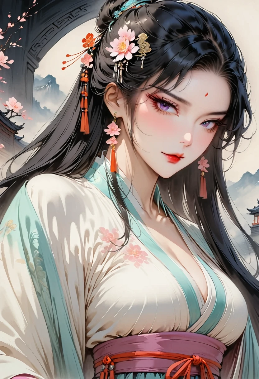 (masterpiece, best quality:1.2), 1 woman, Hanfu, （Dress conservatively：1.3）, (delicate and beautiful face:1.8), mature, laugh, black hair, hairpin, purple eyes, seat, beautiful bridge, (ink stain) beautiful portrait, clothing ink style, traditional china painting, ink bismuth, from below, masterpiece, high details,