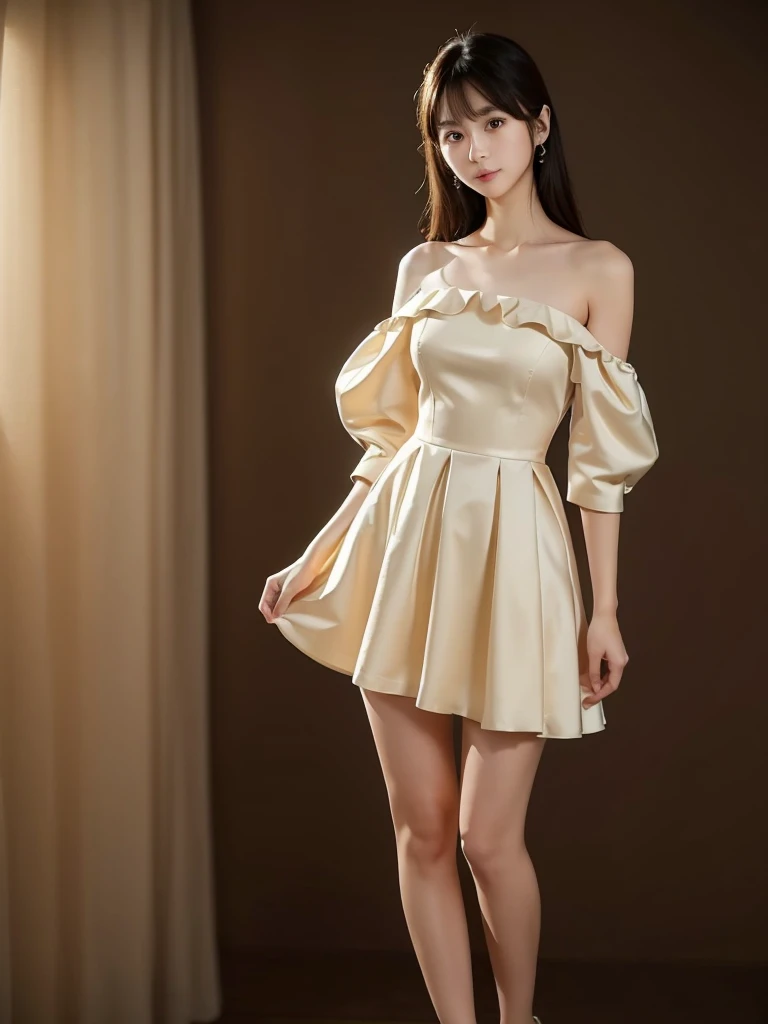 Light background、Off-the-shoulder dress、Standing posture、(Highest quality)), (Very detailed), ((Very detailed)), 4K, (8K), Highest quality, One person,Kind Face、Soft Light、RAW quality、Soft Skin、Heel、Thighs、163cm