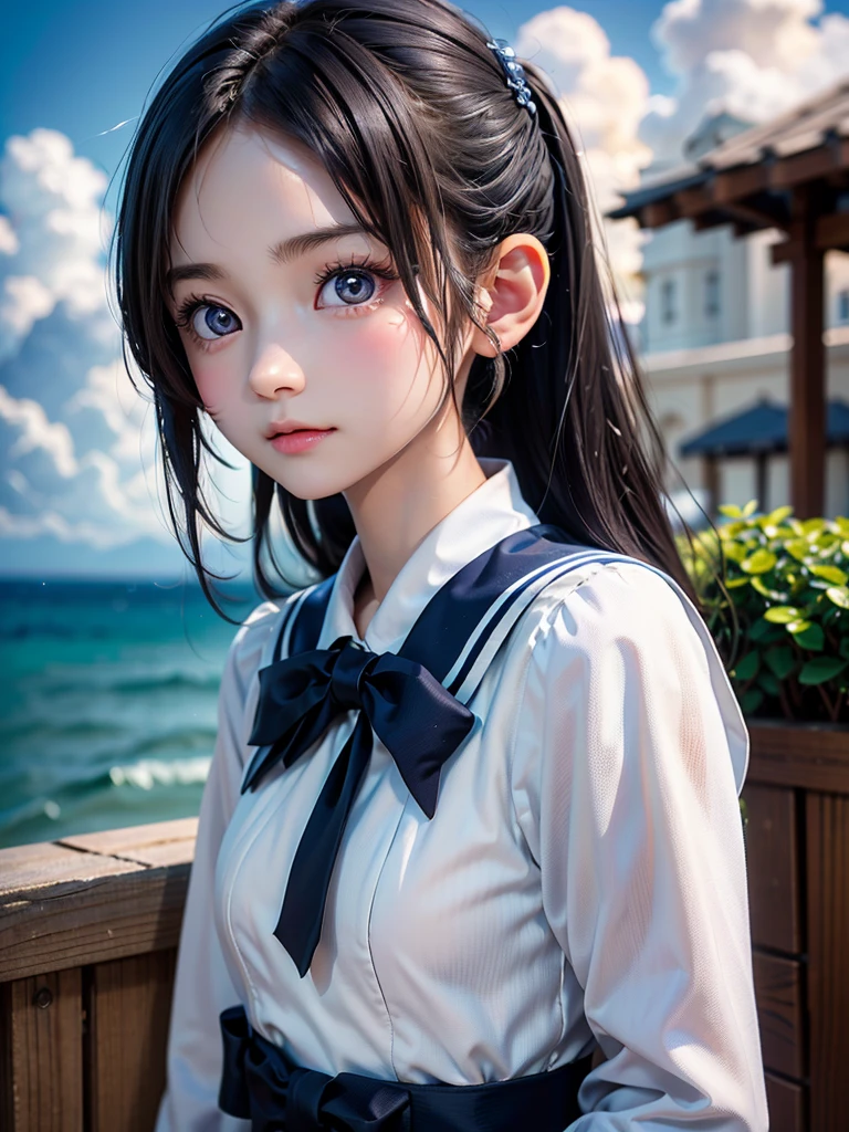 One Girl,(1人のとてもcute女の子:1.3),masterpiece,Highest quality,High resolution,Photorealistic,RAW Photos,Ray Tracing,beautiful girl,(15 years old:1.3),cute,Big eyes,(detailed pupils:1.2),(The face is facing straight ahead:1.3),Body facing forward,Beautiful nose,Fuller lips,Short black hair,ponytail,short hair,Detailed eyelashes,Thin eyebrows,Very fine grain definition,(Symmetrical eyes:1.3),(Face close-up,Face Focus:1.0),Small breasts,White and navy blue sailor suit,uniform,grassland,Blue sky and white clouds,Portrait,View Viewer,From below,Cinema Lighting,High resolution,Very detailed